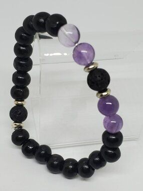 Black Lava Stone, Natural Amethyst Focal Beads & Wood Beads Stretch Bracelet